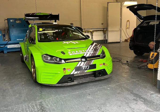 Race-prepared VW Golf in the Spartan workshop